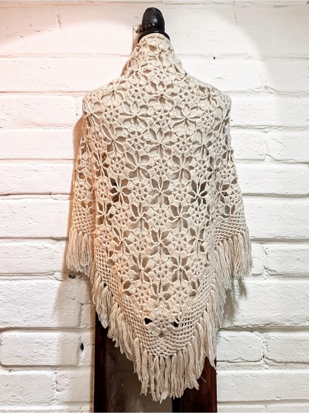 Handmade Crochet Ivory
Fringe Shawl Wrap, beaded details Cottagecore Boho Cozy - Picture 4 of 9